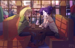 Size: 2100x1340 | Tagged: safe, artist:tcn1205, derpibooru import, applejack, rarity, human, equestria girls, boots, cafe, clothes, cute, eyes closed, female, humanized, jackabetes, lesbian, pony coloring, raribetes, rarijack, shipping, shoes, smiling, sweater, wallpaper
