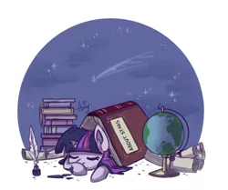 Size: 1212x1012 | Tagged: safe, artist:amy-gamy, derpibooru import, twilight sparkle, pony, unicorn, adorkable, book, bookhorse, cute, dork, eyes closed, female, filly, globe, impossibly large book, ink, ink stain, inkwell, mare, night, quill, quill pen, scroll, shooting stars, simple background, sleeping, smiling, solo, stars, twiabetes, unicorn twilight, white background