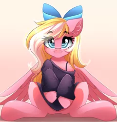 Size: 3193x3329 | Tagged: safe, artist:airiniblock, derpibooru import, oc, oc:bay breeze, unofficial characters only, pegasus, pony, bow, clothes, commission, cute, featureless crotch, female, hair bow, happy, looking at you, mare, ocbetes, off shoulder, off shoulder sweater, rcf community, sitting, sweater