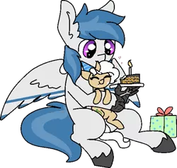 Size: 569x542 | Tagged: safe, artist:nootaz, derpibooru import, oc, oc:delta dart, oc:rewind, unofficial characters only, hippogriff, pony, unicorn, birthday, birthday cake, birthday gift, cake, delwind, food, hug, present, simple background, size difference, talons, transparent background, unshorn fetlocks
