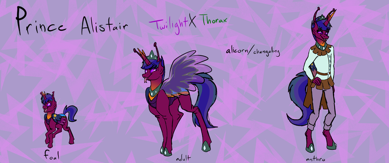 Size: 4096x1714 | Tagged: alicorn, antennae, anthro, artist:percy-mcmurphy, changedling, changeling, changepony, colored sclera, crown, derpibooru import, foal, hybrid, hybrid wings, jewelry, oc, oc:alistair, parents:twirax, parent:thorax, parent:twilight sparkle, regalia, safe