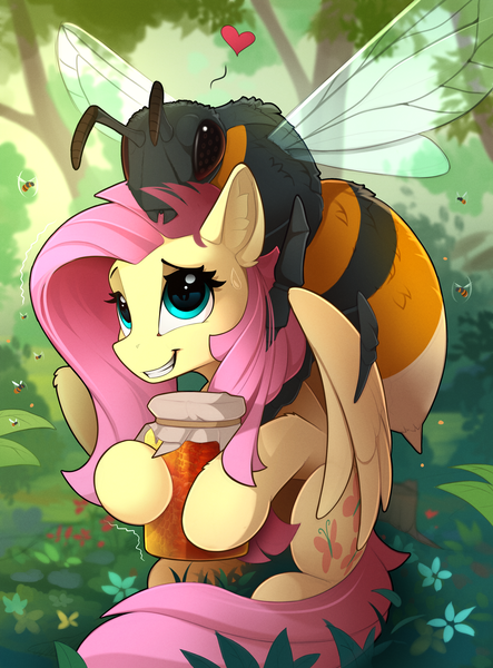 Size: 1700x2300 | Tagged: safe, artist:yakovlev-vad, derpibooru import, fluttershy, hornet, insect, pegasus, pony, wasp, adoracreepy, creepy, cute, female, food, giant insect, heart, honey, hug, jar, mare, nervous, nightmare fuel, raised eyebrow, shyabetes, solo, trembling