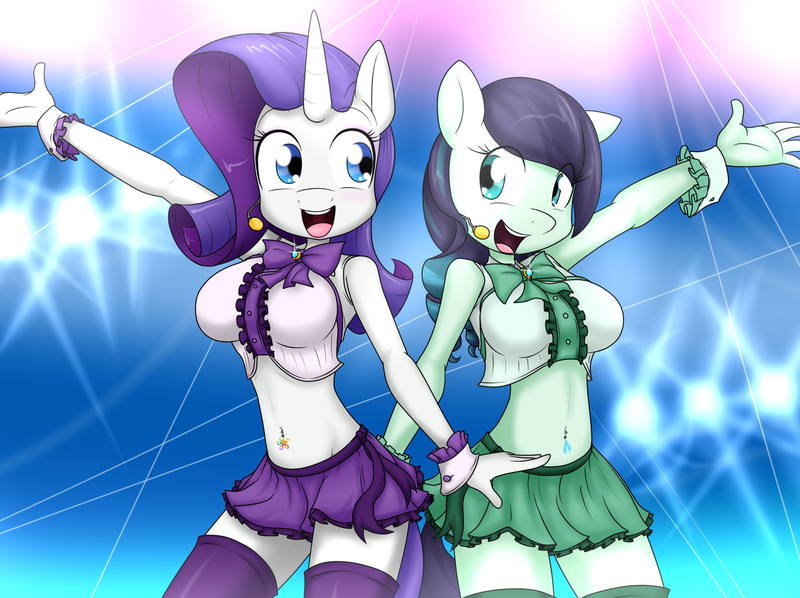 Size: 1753x1310 | Tagged: adorasexy, anthro, artist:sandwich-anomaly, belly button, bellyring, breasts, busty coloratura, busty rarity, clothes, coloratura, concert, cuffs (clothes), cute, derpibooru import, female, idol, lesbian, mare, midriff, piercing, rarabetes, rarararara, raribetes, rarity, sexy, shipping, singing, smiling, socks, suggestive, thigh highs, zettai ryouiki