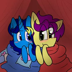 Size: 1080x1080 | Tagged: safe, artist:brsajo, derpibooru import, oc, oc:brsajo, oc:electro swing, earth pony, pony, unicorn, blanket, blanket fort, blushing, cute, female, heart eyes, male, pillow, shy, shy smile, smiling, snuggling, wingding eyes