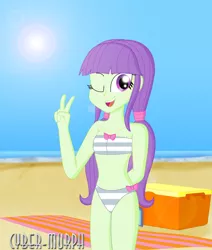 Size: 2440x2880 | Tagged: safe, artist:cyber-murph, derpibooru import, starlight, equestria girls, equestria girls series, forgotten friendship, background human, bandeau, beach, belly, belly button, bikini, bow, breasts, clothes, cooler, delicious flat chest, female, midriff, one eye closed, peace sign, pigtails, signature, solo, swimsuit, towel, wink