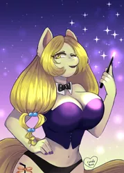 Size: 1000x1400 | Tagged: suggestive, artist:kitsunehino, derpibooru import, oc, unofficial characters only, anthro, earth pony, advertisement, anthro oc, auction, belly button, big breasts, blonde, breasts, cleavage, clothes, commission, digital art, female, mare, midriff, nail polish, one eye closed, sexy, signature, solo, solo female, stars, underwear, wink, ych result, yellow hair, yellow mane