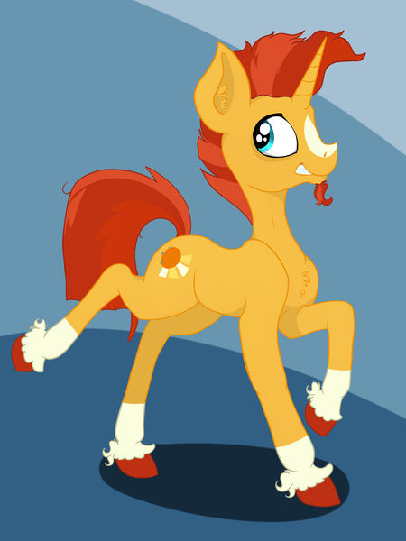 Size: 2958x3944 | Tagged: safe, artist:paskanaakka, derpibooru import, sunburst, pony, unicorn, abstract background, chest fluff, colored hooves, ear fluff, grin, male, raised hoof, smiling, solo, stallion, unshorn fetlocks