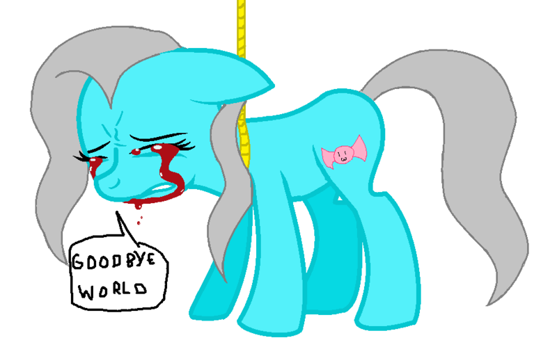 Size: 950x620 | Tagged: artist:galaxyswirlsyt, artist:mlppony123, blood, crying, derpibooru import, eyes closed, female, goodbye cruel world, grimdark, hanging, mood, noose, oc, oc:candy love, rope, sad, solo, suicide, tears of blood, unofficial characters only