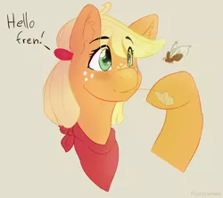 Size: 908x808 | Tagged: safe, artist:fuzzypones, derpibooru import, applejack, earth pony, insect, moth, pony, bandana, blushing, bust, colored, female, mare, raised hoof, solo, straw in mouth, text