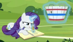 Size: 1073x619 | Tagged: safe, derpibooru import, screencap, rarity, pony, unicorn, the end in friend, basket, buckball uniform, buckbasket, bushel basket, clothes, concentrating, cropped, drawing, female, glowing horn, jersey, levitation, lying down, magic, mare, notebook, pencil, telekinesis, tongue out