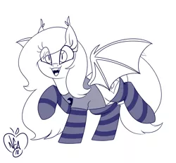 Size: 1280x1182 | Tagged: safe, artist:notenoughapples, derpibooru import, oc, oc:selenite, bat pony, clothes, commission, cute, looking at you, partial color, shirt, signature, slit eyes, socks, solo, striped socks