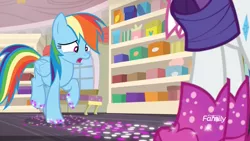 Size: 1920x1080 | Tagged: safe, derpibooru import, screencap, rainbow dash, rarity, pegasus, pony, the end in friend, boots, discovery family logo, female, glitter, glitter boots, grossed out, mare, shoe store, shoes, trotting, trotting in place