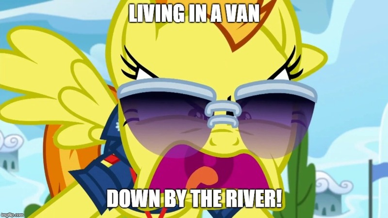 Size: 888x499 | Tagged: safe, derpibooru import, edit, edited screencap, screencap, spitfire, pegasus, pony, the washouts (episode), chris farley, clothes, female, image macro, living in a van down by the river, mare, matt foley, meme, open mouth, saturday night live, solo, uniform, wonderbolts dress uniform