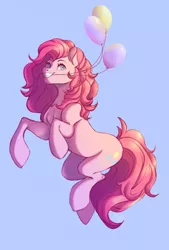 Size: 1284x1896 | Tagged: safe, artist:1an1, derpibooru import, pinkie pie, earth pony, pony, balloon, blue background, female, floating, mare, simple background, sky, then watch her balloons lift her up to the sky