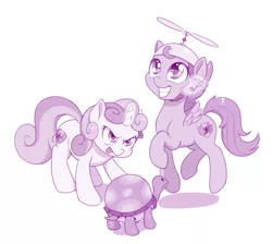 Size: 1000x897 | Tagged: safe, artist:dstears, derpibooru import, scootaloo, sweetie belle, tank, pegasus, pony, unicorn, accessory theft, female, filly, glowing horn, hat, magic, male, mlem, monochrome, propeller hat, purple, silly, simple background, telekinesis, tongue out, white background