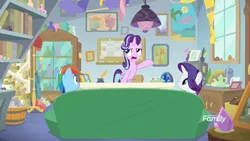 Size: 1920x1080 | Tagged: safe, derpibooru import, screencap, rainbow dash, rarity, starlight glimmer, pegasus, pony, unicorn, the end in friend, angry, book, bookshelf, boots, calendar, candy dish, clothes, couch, crystal, discovery family logo, disgusted, female, flower, geode, gesture, inkwell, kite, mare, picture, poster, quill pen, rock, saddle bag, school of friendship, scroll, shoes, sitting, starlight's office, teapot