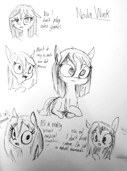 Size: 1280x1719 | Tagged: safe, artist:tjpones, derpibooru import, oc, oc:noda wink, unofficial characters only, earth pony, pony, black and white, dialogue, expressions, female, grayscale, insomnia, mare, monochrome, prone, simple background, solo, traditional art