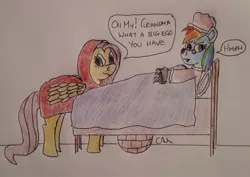 Size: 1238x875 | Tagged: artist:rapidsnap, bed, derpibooru import, fluttershy, little red riding hood, rainbow dash, safe, traditional art, unamused