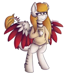 Size: 1434x1573 | Tagged: safe, artist:deraniel, derpibooru import, oc, oc:silver hush, pegasus, pony, clothes, female, food, mare, ponysona, redraw, simple background, solo, tea, transparent background