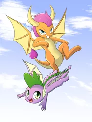Size: 1500x2000 | Tagged: safe, artist:phoenixperegrine, derpibooru import, smolder, spike, dragon, molt down, cloud, cute, dragoness, female, flying, looking at you, male, patreon, patreon logo, sky, smiling, smolderbetes, spikabetes, winged spike