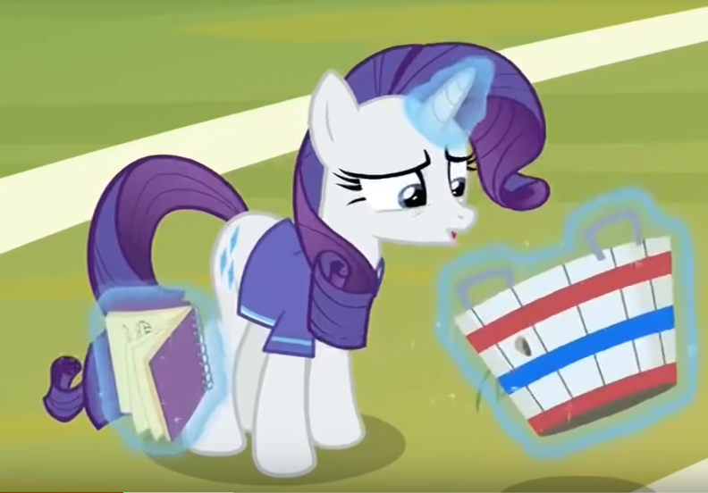 Size: 792x552 | Tagged: safe, derpibooru import, screencap, rarity, pony, unicorn, the end in friend, basket, buckbasket, bushel basket, clothes, cropped, female, hoofball, jersey, levitation, magic, mare, notepad, sketchbook, solo, telekinesis, unamused, worried, youtube link