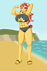 Size: 2000x3000 | Tagged: suggestive, artist:nokozeze, derpibooru import, sunset shimmer, equestria girls, equestria girls series, abs, armpits, beach, big breasts, breasts, busty sunset shimmer, clothes, female, fetish, muscle fetish, muscles, ocean, open mouth, sand, sandals, showing off, solo, solo female, sunset lifter, swimsuit