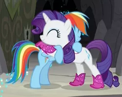 Size: 683x543 | Tagged: safe, derpibooru import, screencap, rainbow dash, rarity, pegasus, pony, unicorn, the end in friend, boots, cropped, cute, dashabetes, eyes closed, female, glitter, glitter boots, hug, mare, neckerchief, raribetes, shoes, sparkles