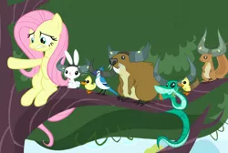 Size: 946x636 | Tagged: safe, derpibooru import, screencap, angel bunny, fluttershy, rupert, beaver, bird, blue jay, pony, rabbit, snake, squirrel, party pooped, animal, cropped, duckling, fake horns, female, looking down, mare, sitting in a tree, tree branch, yak horns