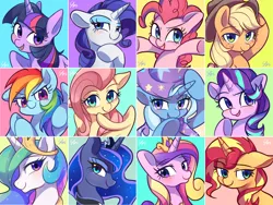 Size: 2400x1800 | Tagged: safe, artist:sion-ara, derpibooru import, applejack, fluttershy, pinkie pie, princess cadance, princess celestia, princess luna, rainbow dash, rarity, starlight glimmer, sunset shimmer, trixie, twilight sparkle, twilight sparkle (alicorn), alicorn, earth pony, pegasus, pony, unicorn, cowboy hat, female, hat, looking at you, mane six, mare, royal sisters, simple background, smiling