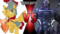 Size: 750x421 | Tagged: safe, derpibooru import, edit, editor:mega-poneo, flash magnus, cyborg, pegasus, pony, crossover, death battle, exploitable meme, helmet, meme, metal gear, metal gear rising, shield, sundowner