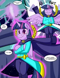 Size: 1280x1656 | Tagged: alicorn, artist:zanezandell, bipedal, cape, clothes, cmcnext, comic, comic:cmcnext, crossed hooves, derpibooru import, empress, evil genius twilight, pants, safe, solo, speech bubble, stars, teleportation, twilight sparkle, twilight sparkle (alicorn), uniform