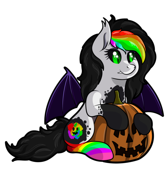 Size: 1712x1816 | Tagged: safe, artist:moonlightfan, derpibooru import, oc, oc:hallows eve, unofficial characters only, bat pony, pony, bat pony oc, clothes, colored sclera, female, halloween, holiday, jack-o-lantern, mare, pumpkin, rainbow socks, simple background, socks, solo, striped socks, transparent background