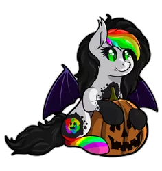 Size: 1712x1816 | Tagged: safe, artist:moonlightfan, derpibooru import, oc, oc:hallows eve, unofficial characters only, bat pony, pony, bat pony oc, clothes, colored sclera, female, halloween, holiday, jack-o-lantern, mare, pumpkin, rainbow socks, simple background, socks, solo, striped socks, transparent background