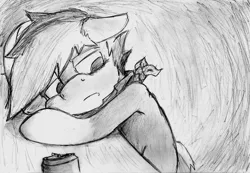 Size: 1521x1054 | Tagged: safe, artist:spackle, derpibooru import, oc, oc:buck evergreen, unofficial characters only, pony, alcohol, bandana, beer, depression, floppy ears, lonely, male, melancholy, monochrome, sad, slumped, solo, stallion, table, traditional art, vent art