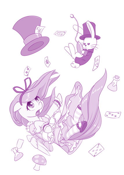 Size: 900x1264 | Tagged: safe, artist:dstears, derpibooru import, angel bunny, fluttershy, pony, rabbit, alice in wonderland, atg 2018, clothes, crossover, falling, female, hat, male, mare, monochrome, newbie artist training grounds, pocket watch, purple, simple background, top hat, white background, white rabbit