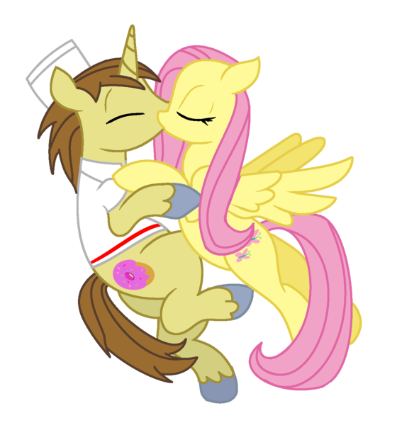 Size: 1370x1390 | Tagged: safe, artist:brianblackberry, artist:moonlightthegriffon, derpibooru import, donut joe, fluttershy, pony, base used, bottomless, clothes, female, flutterjoe, kissing, male, partial nudity, shipping, simple background, straight, transparent background