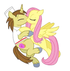 Size: 1370x1390 | Tagged: safe, artist:brianblackberry, artist:moonlightthegriffon, derpibooru import, donut joe, fluttershy, pony, base used, bottomless, clothes, female, flutterjoe, kissing, male, partial nudity, shipping, simple background, straight, transparent background