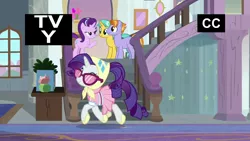 Size: 1920x1080 | Tagged: safe, derpibooru import, screencap, auburn vision, citrine spark, fire quacker, rarity, starlight glimmer, earth pony, pony, unicorn, the end in friend, camping outfit, clothes, eyes closed, female, friendship student, headscarf, mare, scarf, staircase, sunglasses, trotting