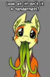 Size: 1261x1920 | Tagged: safe, artist:jcosneverexisted, derpibooru import, oc, oc:non toxic, unofficial characters only, monster pony, original species, tatzlpony, cute, grammar error, looking at you, simple background, solo, tentacle tongue, tentacles, tongue out