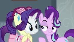 Size: 1920x1080 | Tagged: safe, derpibooru import, screencap, rarity, starlight glimmer, pony, unicorn, the end in friend, camping outfit, clothes, duo, female, headscarf, implied starity, lidded eyes, mare, scarf