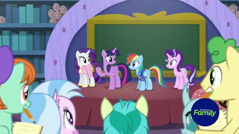 Size: 1920x1080 | Tagged: safe, derpibooru import, screencap, huckleberry, ocellus, peppermint goldylinks, rainbow dash, rarity, sandbar, silverstream, starlight glimmer, twilight sparkle, twilight sparkle (alicorn), alicorn, pegasus, pony, unicorn, the end in friend, camping outfit, clothes, dress, female, friendship student, mare, mouth hold, pencil, shirt, stage