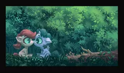 Size: 1280x752 | Tagged: safe, artist:holivi, derpibooru import, oc, oc:bender watt, oc:holivi, unofficial characters only, alicorn, earth pony, pony, boop, colt, cute, eye contact, female, filly, floppy ears, forest, frown, grass, holiwatt, log, looking at each other, male, mushroom, nature, noseboop, ocbetes, scenery, sitting, tree