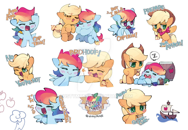 Size: 900x623 | Tagged: safe, artist:dusty-munji, derpibooru import, applejack, rainbow dash, earth pony, pegasus, pony, apple, barrel, bipedal, blushing, chibi, cute, dashabetes, eyes closed, female, food, jackabetes, mare, obtrusive watermark, ship, simple background, sleeping, watermark, white background, z, zap apple