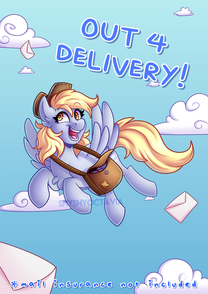 Size: 2893x4092 | Tagged: safe, artist:shyshyoctavia, derpibooru import, derpy hooves, pegasus, pony, chest fluff, flying, mail, mailmare, solo