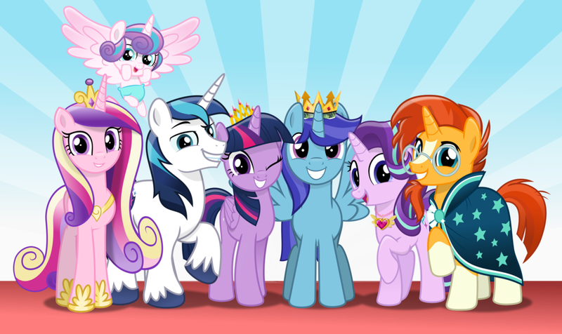 Size: 1024x609 | Tagged: safe, artist:jhayarr23, derpibooru import, princess cadance, princess flurry heart, shining armor, starlight glimmer, sunburst, twilight sparkle, twilight sparkle (alicorn), oc, oc:sierra nightingale, alicorn, pony, unicorn, alicorn oc, alicornified, canon x oc, crown, equestrian pink heart of courage, female, glimmgale, jewelry, male, mare, new crown, race swap, regalia, self insert, socks (coat marking), stallion, sunburst background