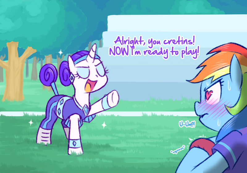 Size: 1206x847 | Tagged: safe, artist:raridashdoodles, derpibooru import, rainbow dash, rarity, pegasus, pony, unicorn, the end in friend, alternate hairstyle, athleisure, blushing, buckball, clothes, dialogue, eyes closed, female, heart eyes, lesbian, mare, open mouth, raridash, shipping, sweat, this will end in snu snu, tree, unf, wingding eyes