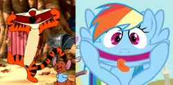 Size: 1074x527 | Tagged: safe, derpibooru import, edit, screencap, rainbow dash, a bird in the hoof, comparison, faic, funny face, roo, tigger, tongue out, who likes to?, winnie the pooh, winnie the pooh toddler (pc)