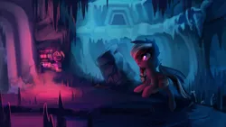 Size: 1920x1080 | Tagged: safe, artist:jedayskayvoker, derpibooru import, oc, oc:moonlight song, unofficial characters only, bat pony, pony, bat pony oc, cave, crossover, door, female, horizon zero dawn, scenery, snow, stalactite, stalagmite, video game