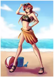 Size: 2480x3508 | Tagged: safe, artist:the-park, derpibooru import, sunset shimmer, human, equestria girls, equestria girls series, forgotten friendship, armpits, beach, belly button, bikini, breasts, clothes, female, hand on hip, high heels, looking at you, midriff, ocean, sandals, shoes, signature, sky, solo, summer sunset, sunglasses, swimsuit