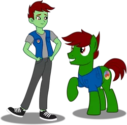Size: 4235x4163 | Tagged: safe, artist:vector-brony, derpibooru import, oc, oc:pastel dice, unofficial characters only, earth pony, human, pony, equestria girls, absurd resolution, clothes, cutie mark, equestria girls-ified, grin, hands in pockets, human ponidox, humanized, looking at each other, male, pants, raised hoof, self paradox, self ponidox, shirt, shoes, simple background, smiling, sneakers, stallion, transparent background, vector, vest